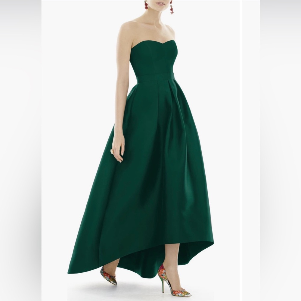 ALFRED SUNG Strapless Deep Emerald High-Low Gown